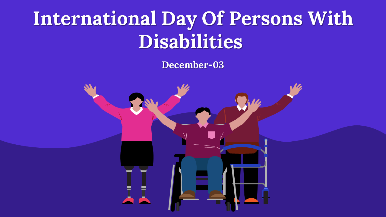 Purple themed slides highlighting disability awareness, challenges, and types, with vibrant visuals and detailed sections.
