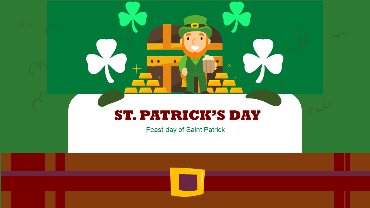 St. Patrick's Day PowerPoint featuring themed slides with leprechauns, shamrocks, and festive green designs.