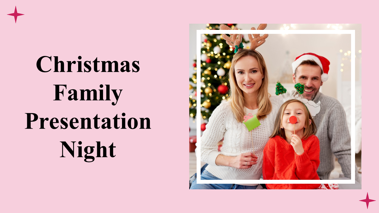 A festive Christmas family slides showcasing memories, family vacations, and predictions for the future on a pink backdrop.