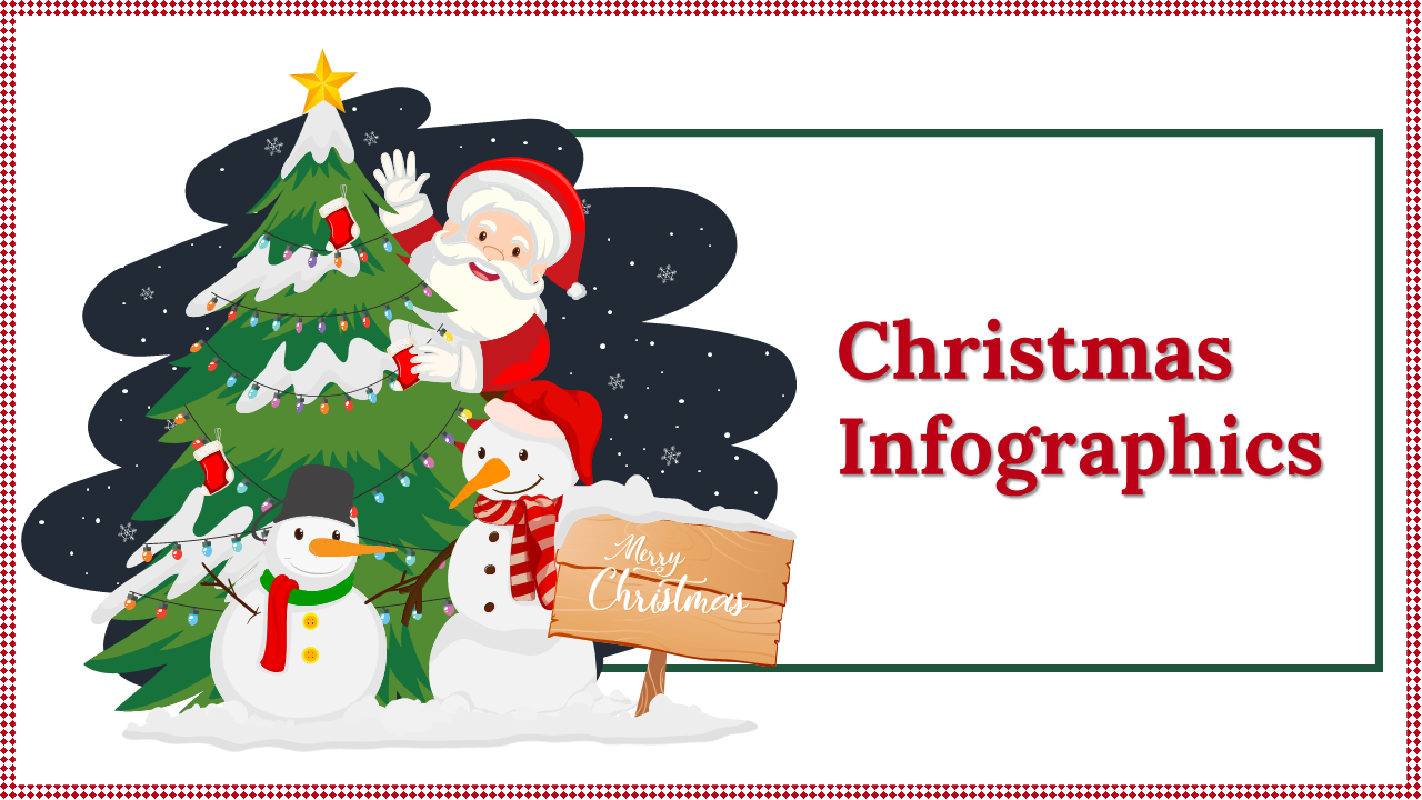 Christmas infographics PowerPoint slides featuring decorations, gifts, trees, and holiday facts with festive illustrations.