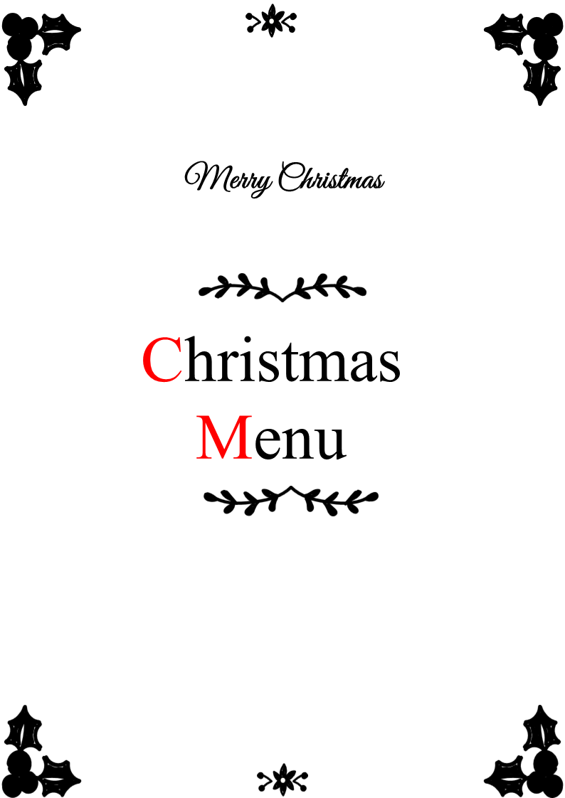 Minimalist Christmas menu cover with black holly decorations and red accents on a white background.