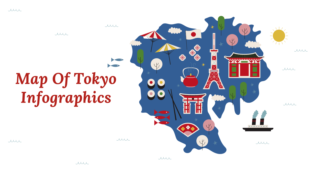 Slide deck showcasing colorful infographics of Tokyo with maps, charts, icons, and cultural symbols in a vibrant layout.