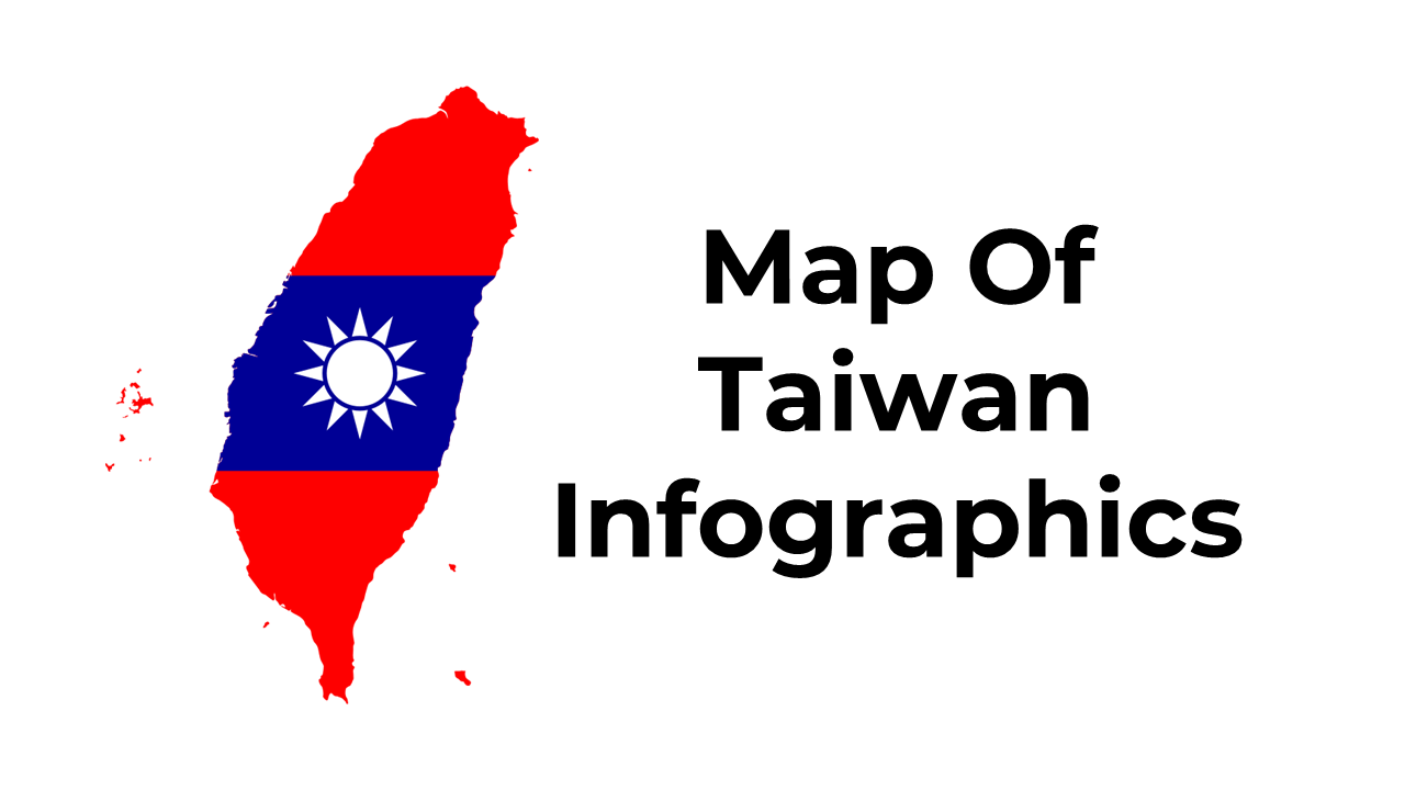 Set of infographic slide deck displaying Taiwan's map with demographic and economic data.