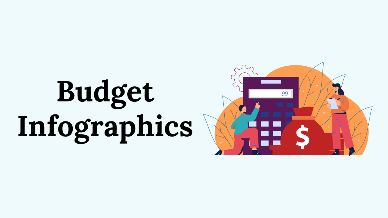 Budget Infographic slides featuring colorful graphs, pie charts, tables, and line graphs for detailed financial analysis.