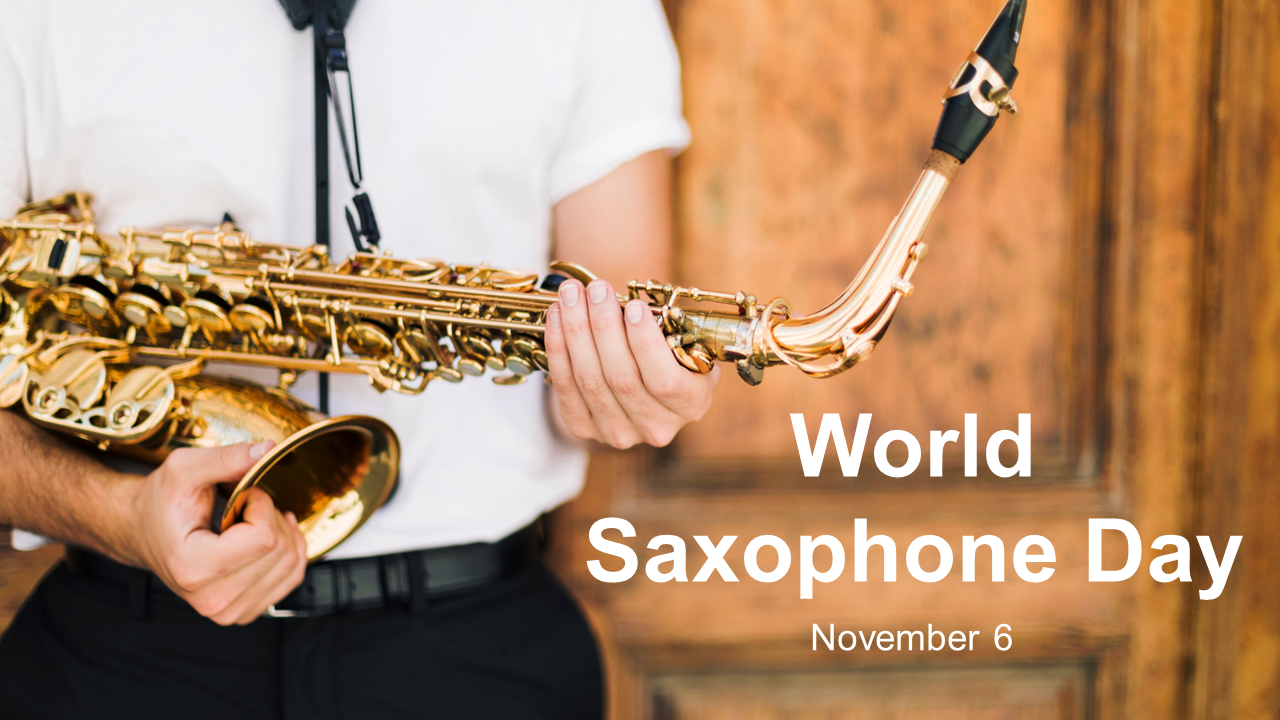 A slide deck with images of saxophones and musicians, celebrating World Saxophone Day.
