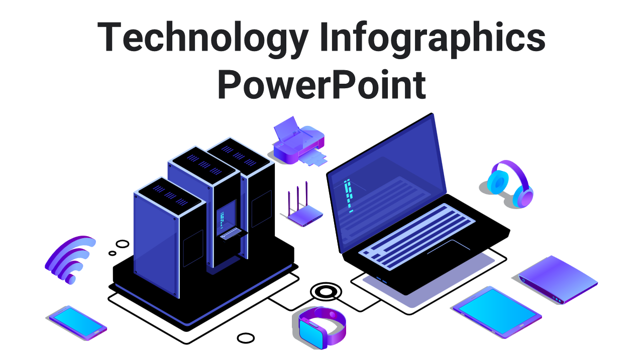 Collage of technology-themed slides with illustrations of devices, timelines, graphs, and cloud computing elements.