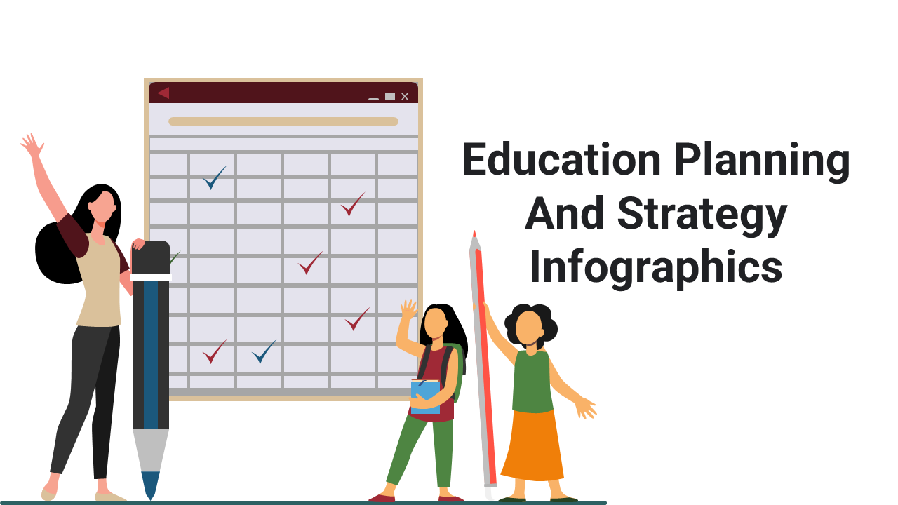 Comprehensive education planning and strategy infographics slide featuring various layouts, charts, and diagrams.