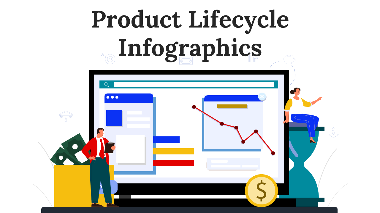A collection of product lifecycle infographic slides featuring various designs to represent stages with icons.