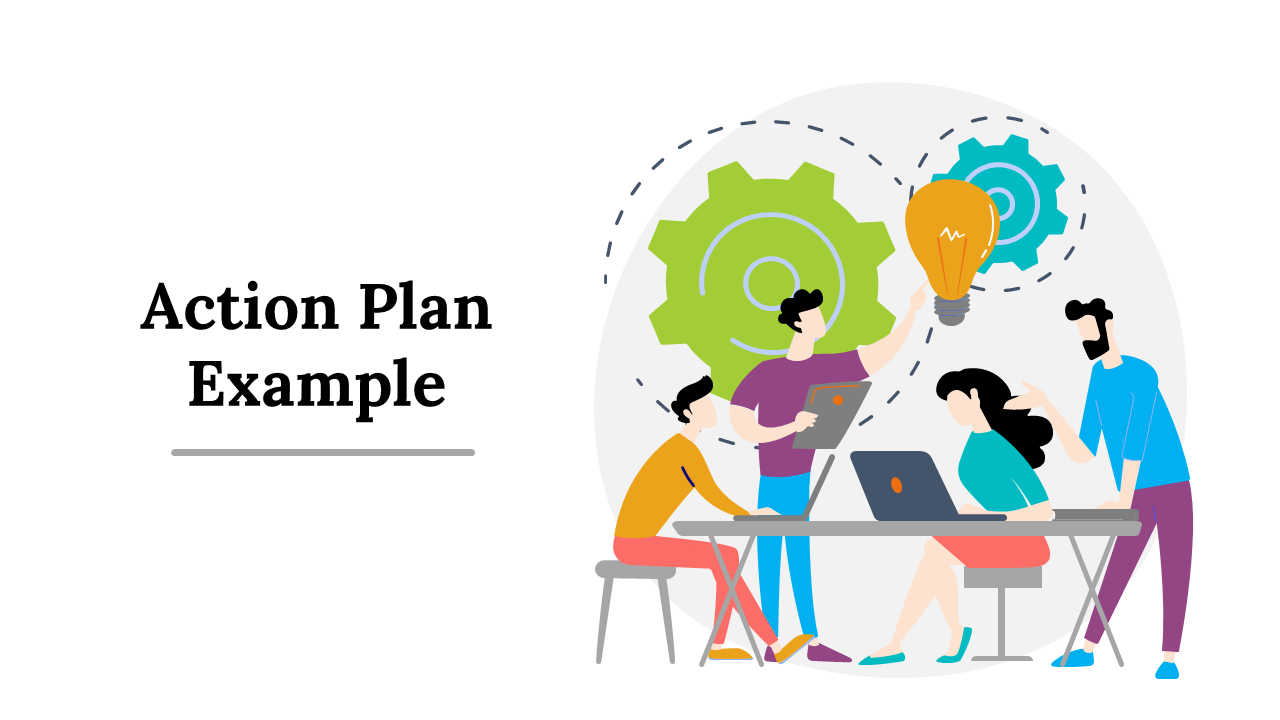 Slide deck with vibrant icons and sections, displaying action plan examples through flowcharts and visual representations.