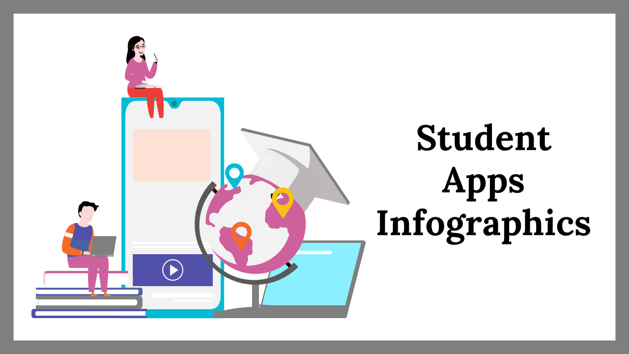 Set of infographic slides on student apps, with visuals of devices, books, and students engaging in learning activities.