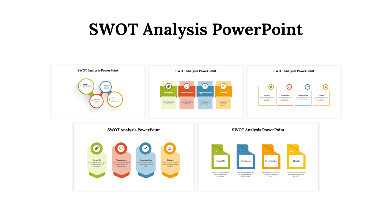 A set of SWOT Analysis slides showing strengths, weaknesses, opportunities, and threats in colorful and organized layouts.