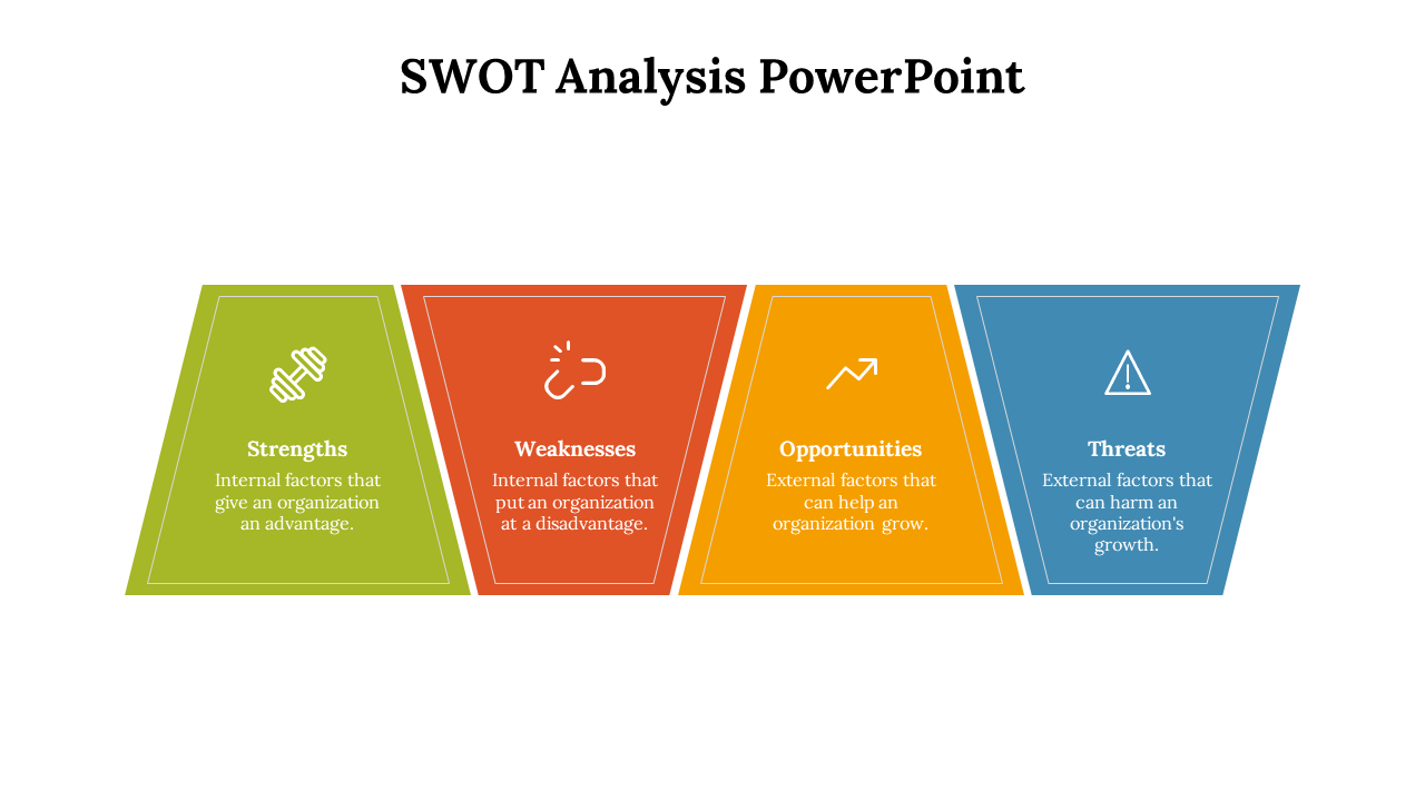 SWOT Analysis PowerPoint slide featuring four triangular sections each with a relevant icon and description on a white theme.