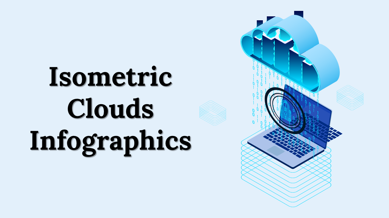 slide deck featuring isometric cloud infographics in blue shades, with icons, data charts, and computing visuals.