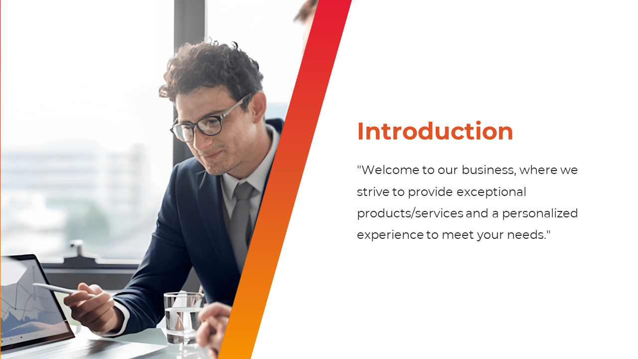 Introduction slide with a business professional explaining products and services accompanied by a graph on the laptop screen.