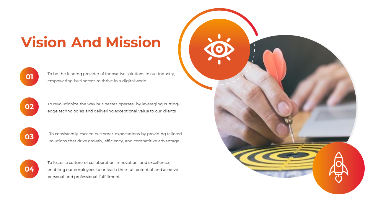 Vision and mission slide with a focus on innovative solutions, featuring a person aiming at a target with a dart.