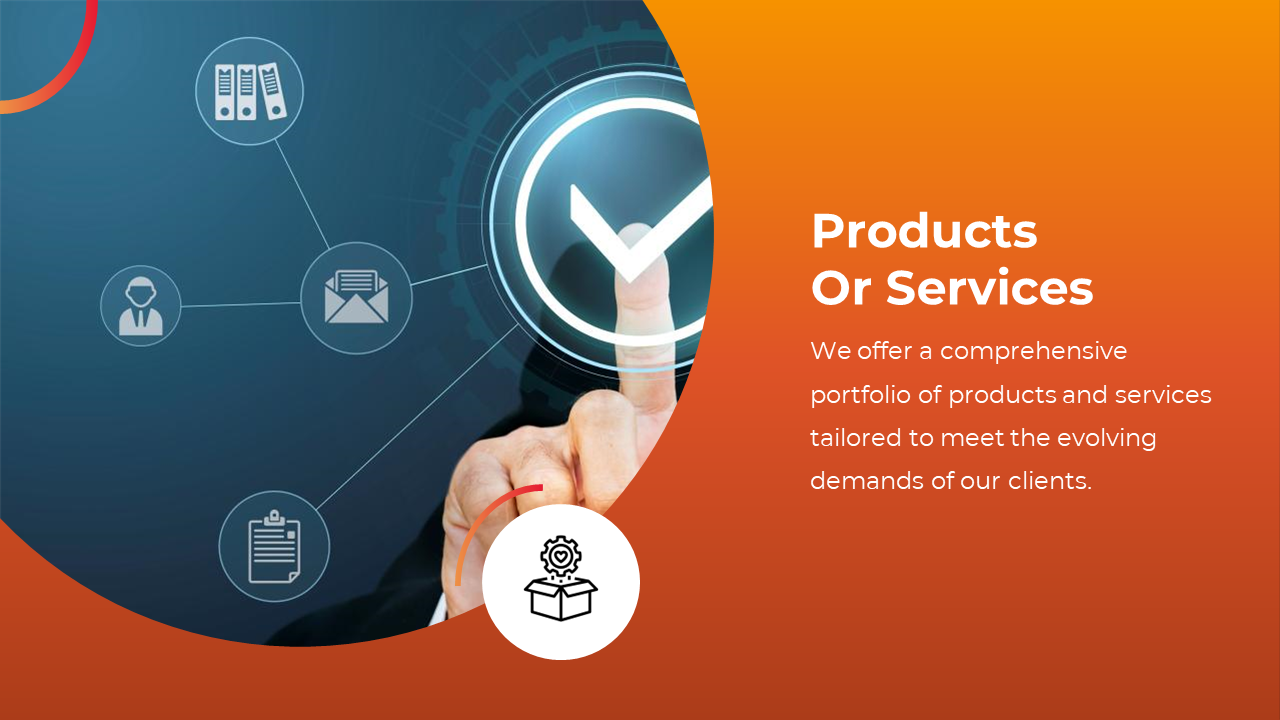 Slide representing products and services featuring a hand interacting with digital elements and icons for business solutions.