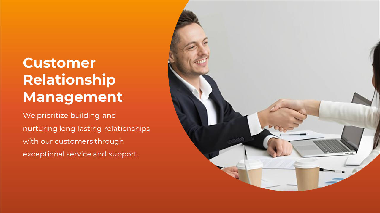Customer Relationship Management slide showing a business handshake between two professionals on an orange backdrop.