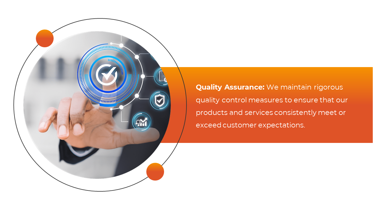 Quality Assurance slide showing a professional adjusting digital quality control metrics on a white and orange backdrop.