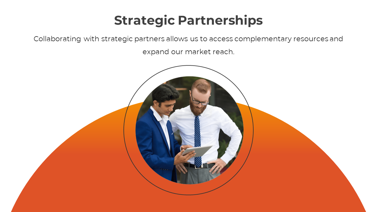 Strategic Partnerships slide featuring two professionals discussing on a tablet in an orange and white theme.