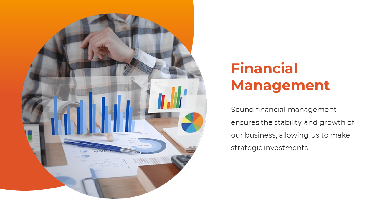 Business professionals review financial data with colorful graphs and charts on an orange and white backdrop.