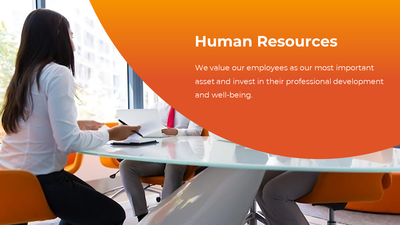 Business professionals in a meeting discussing human resources on an orange backdrop.