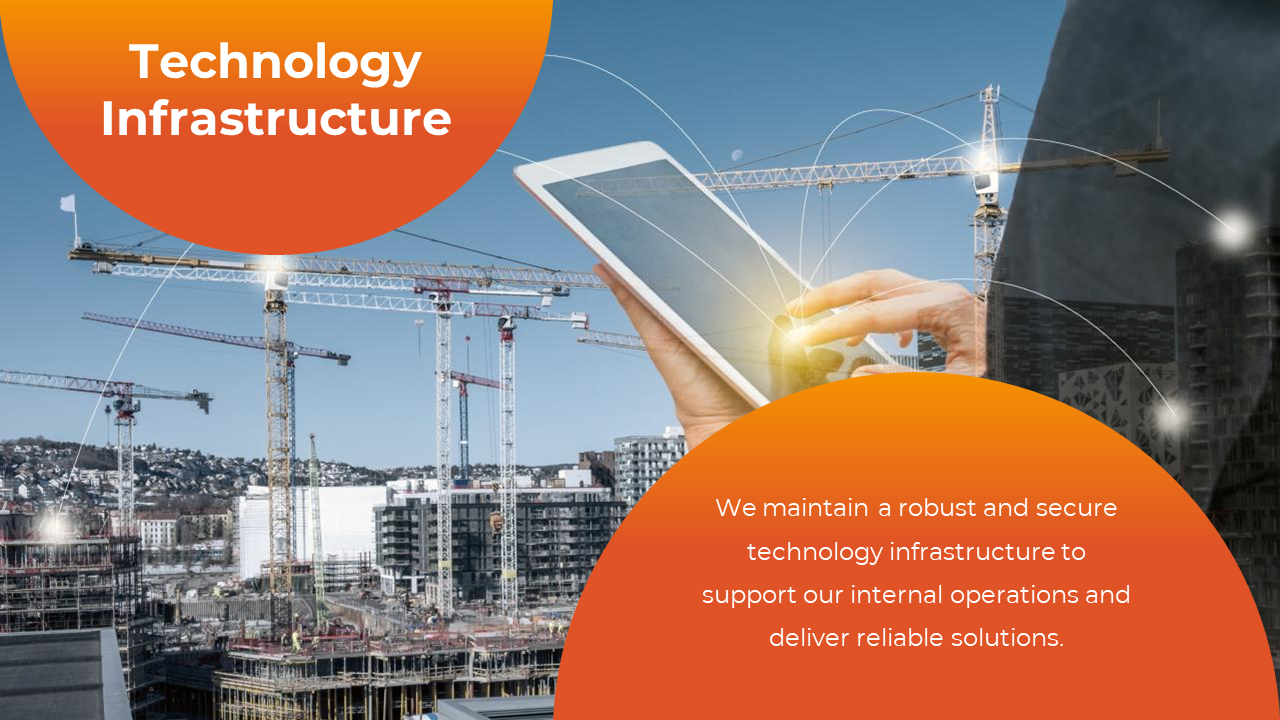 A construction site with cranes, representing the building of a strong technology infrastructure with descriptions.