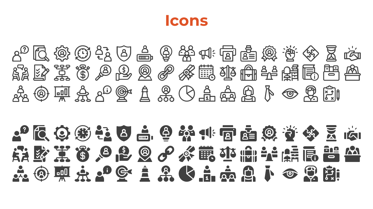 A collection of business related icons representing different functions such as management, strategy, and analysis.