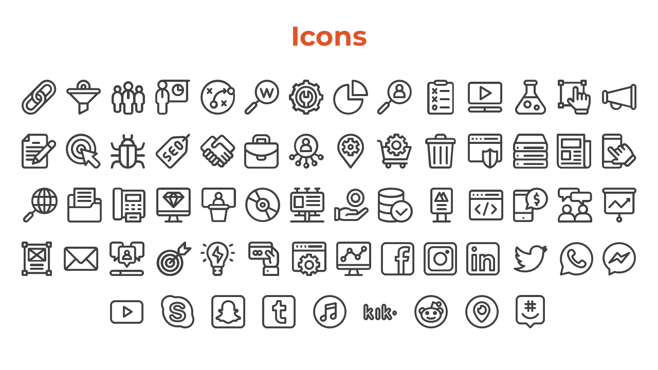 A collection of icons depicting various business and digital tools, such as marketing, social media, and communication.