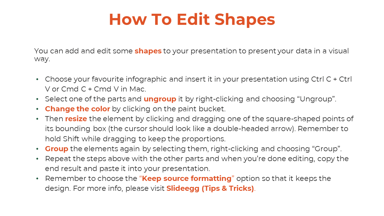 A guide on how to edit shapes in a PowerPoint presentation with steps for ungrouping, resizing, and grouping elements.