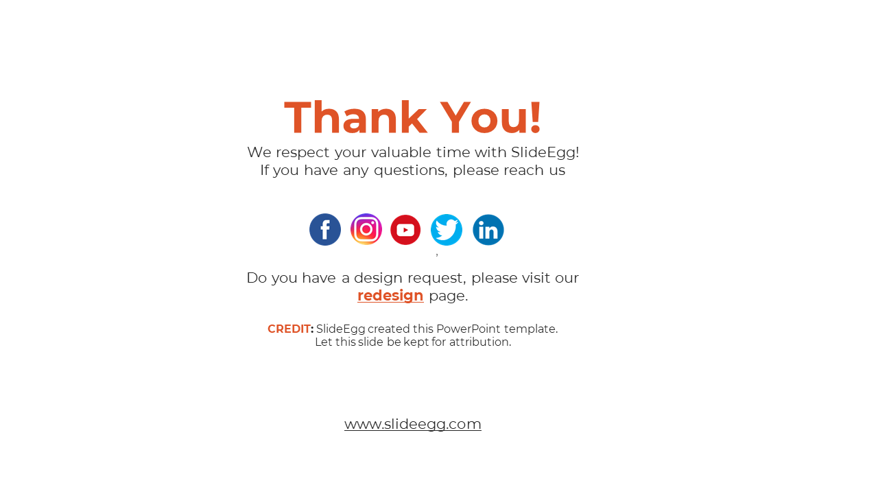 Thank You slide from SlideEgg, featuring social media links and a reminder to keep the credit on a white theme.