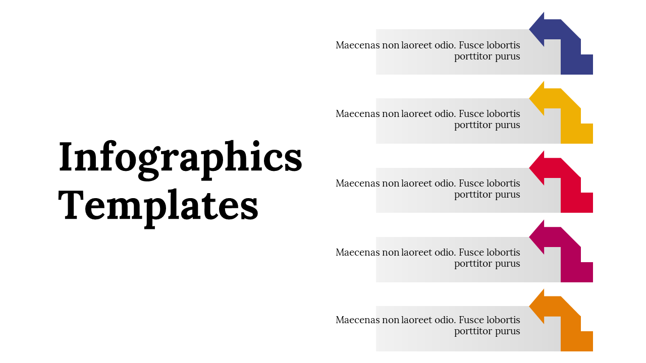 Collection of infographic PPT slides with sections for visual data, colorful icons, and arrows for illustration.