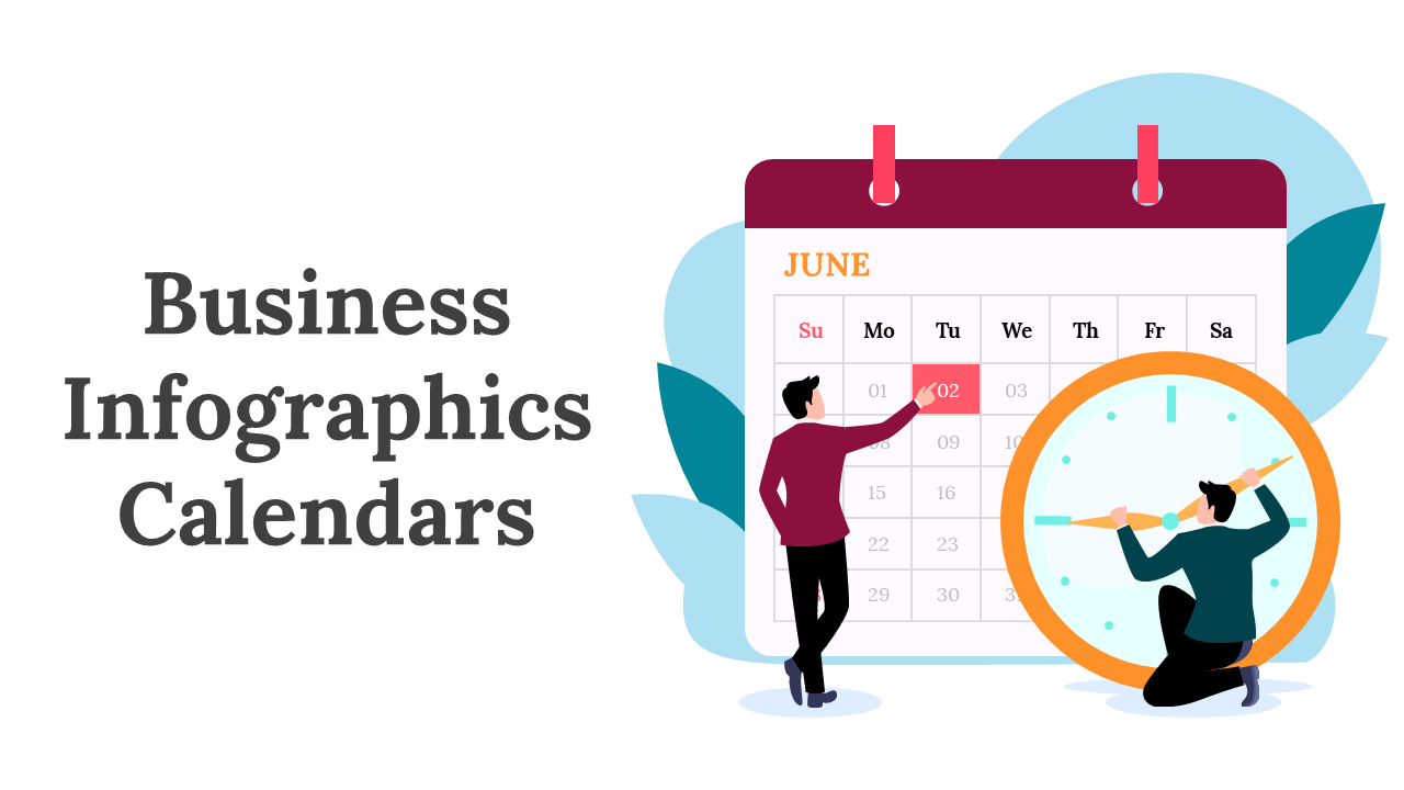 Collection of business infographic calendar slides with colorful layouts for months, including charts, graphs, and icons.