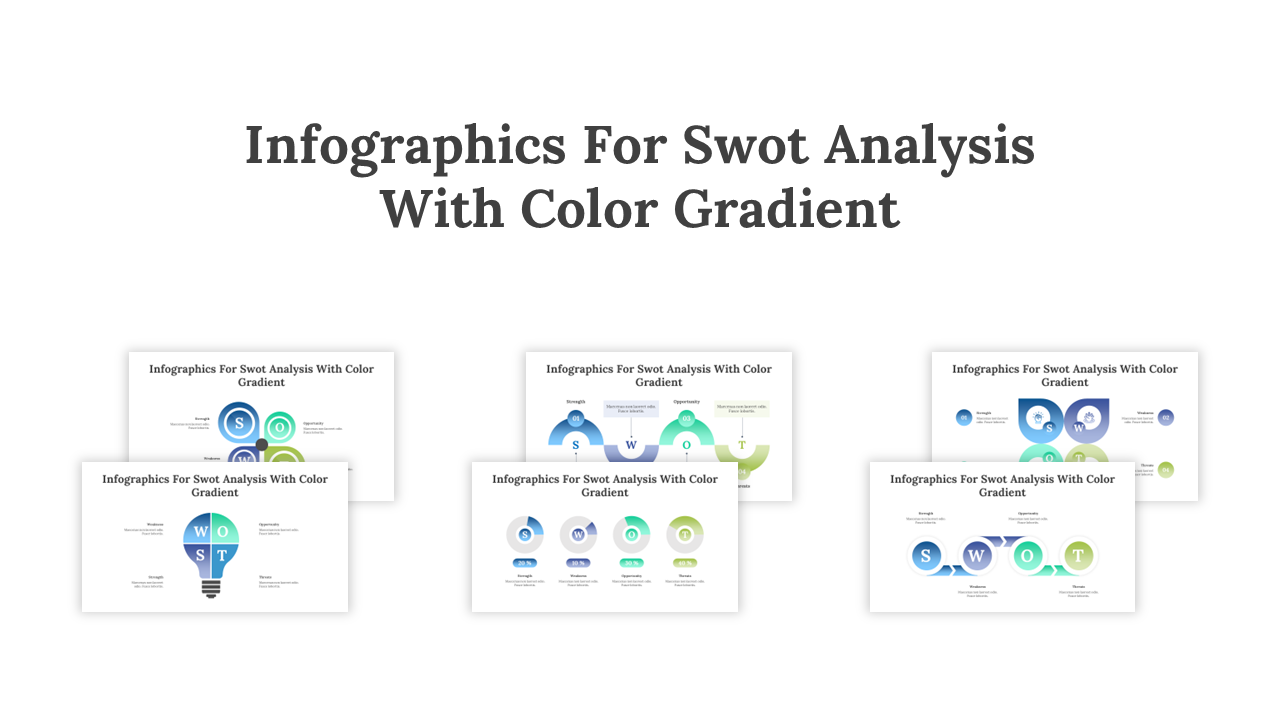 Slide deck with gradient colored SWOT analysis infographics, with circular, square, and flowchart designs.