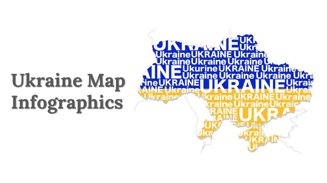Slide deck featuring infographics of Ukraine, with maps in various colors highlighting regions and statistical charts.