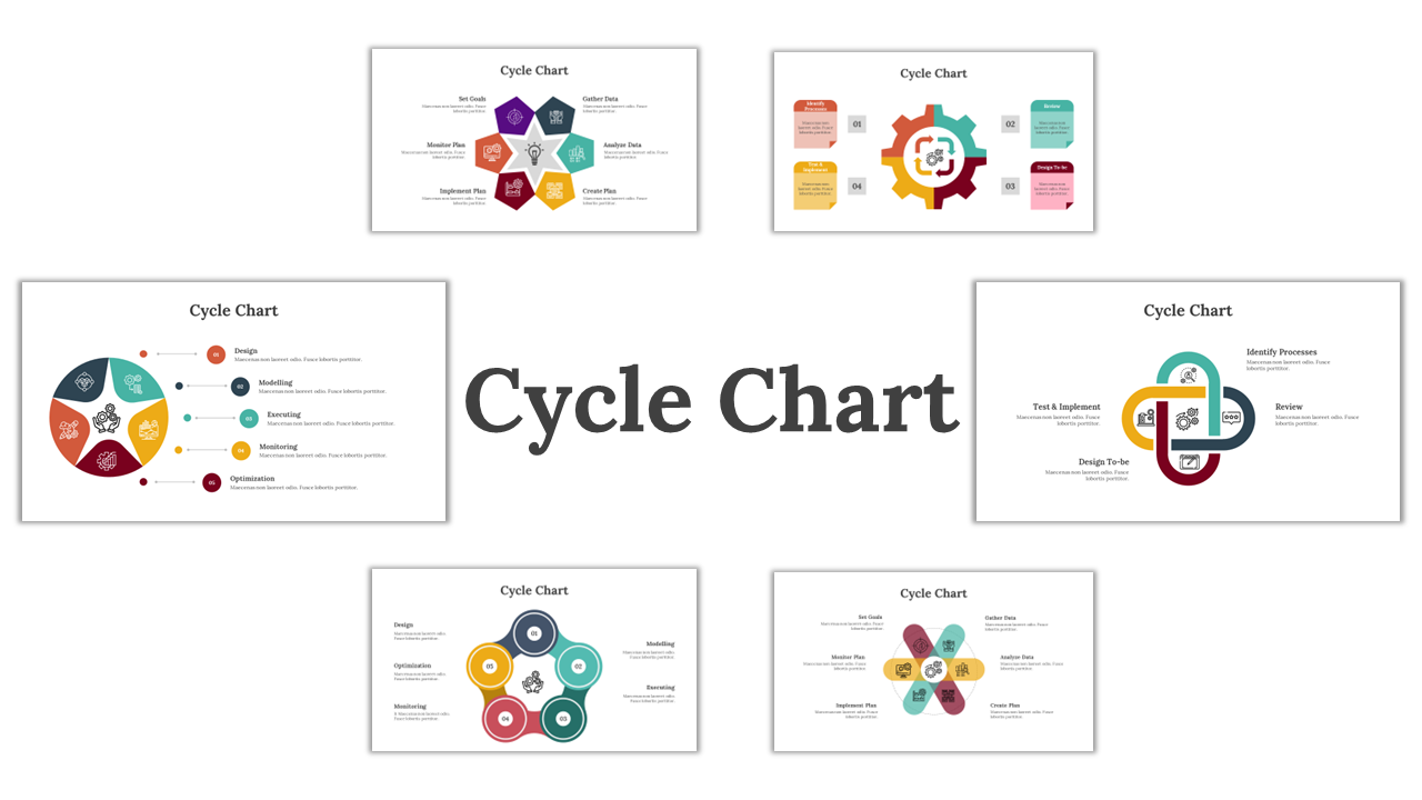 A collection of colorful slides with cycle chart designs showcasing various layouts and information flow with colored icons.