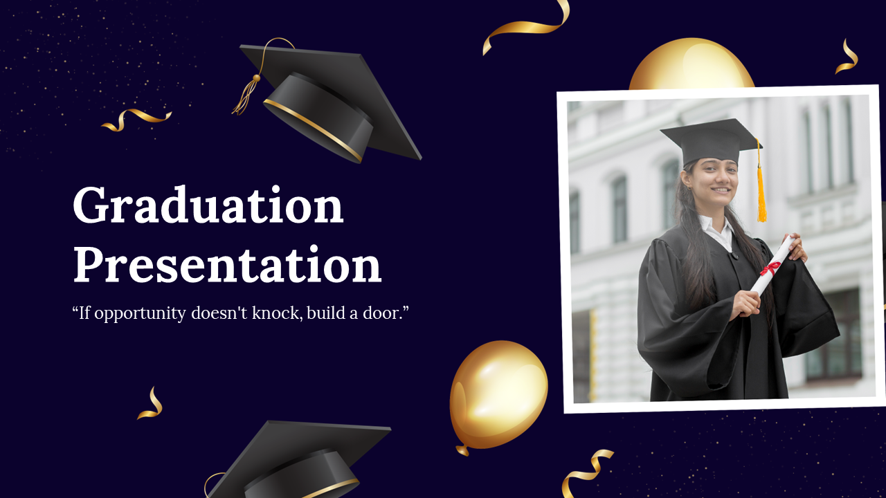 Slide deck with navy and gold design, highlighting student profiles, graduation events, ceremonies, and academic milestones.