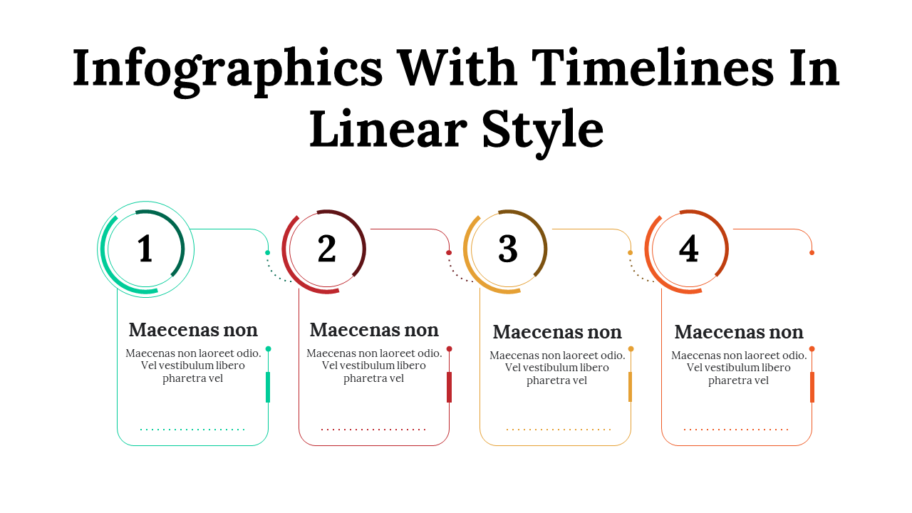 Slide deck featuring linear style timelines, using vibrant colors and circular shapes to display sequential steps.