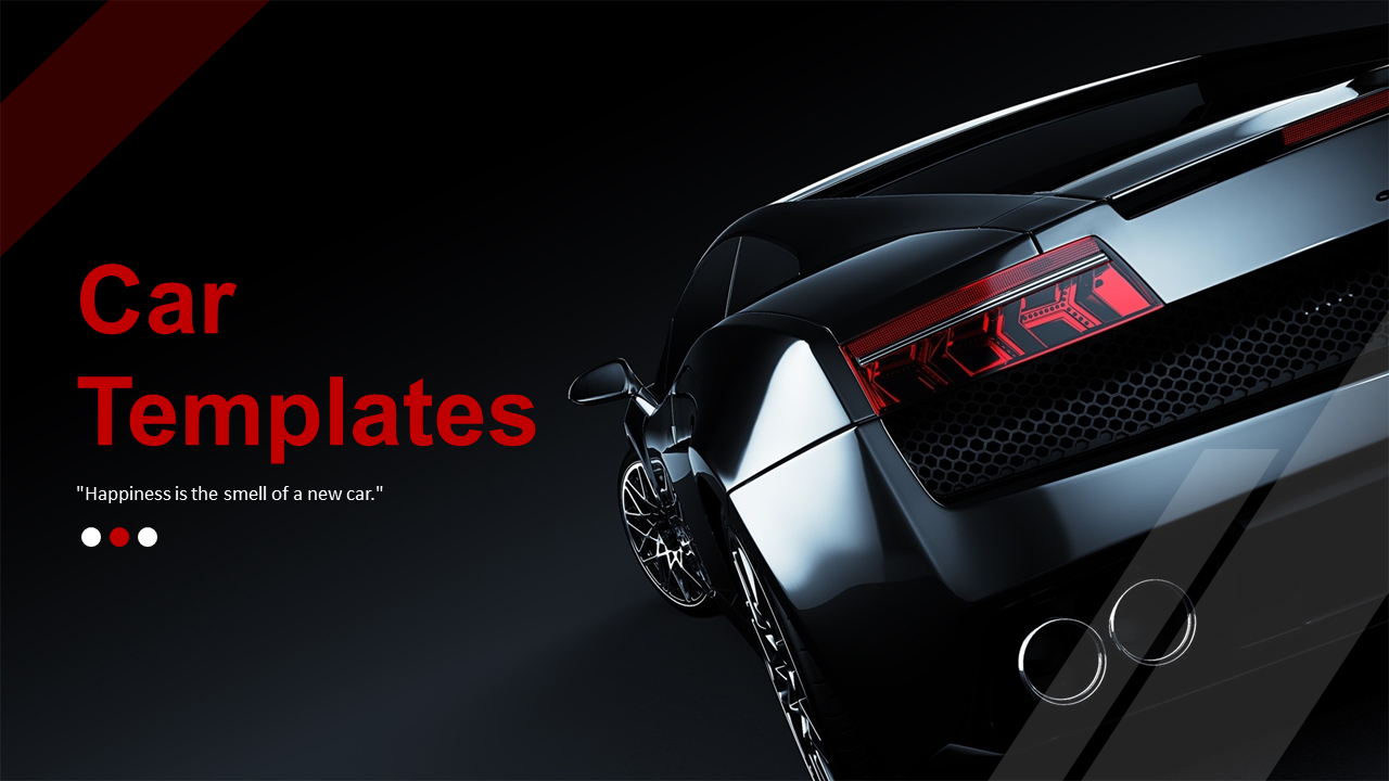 Modern car template design incorporating car visuals, red-themed highlights, and diverse business-related slides.