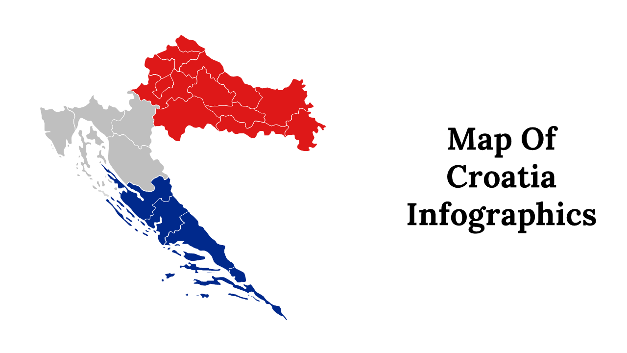 Croatia map infographics slide deck with regions highlighted in red, blue, and gray, featuring various data visualizations.