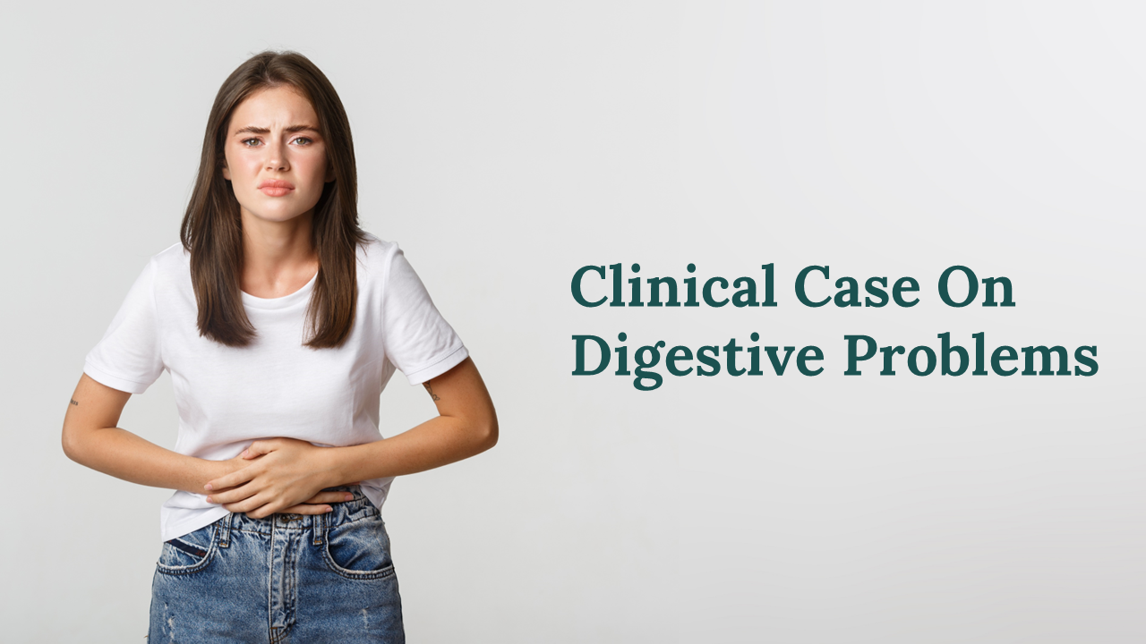 PowerPoint for a digestive health case study, with slides on examination, patient cases, and digestive system infographic.
