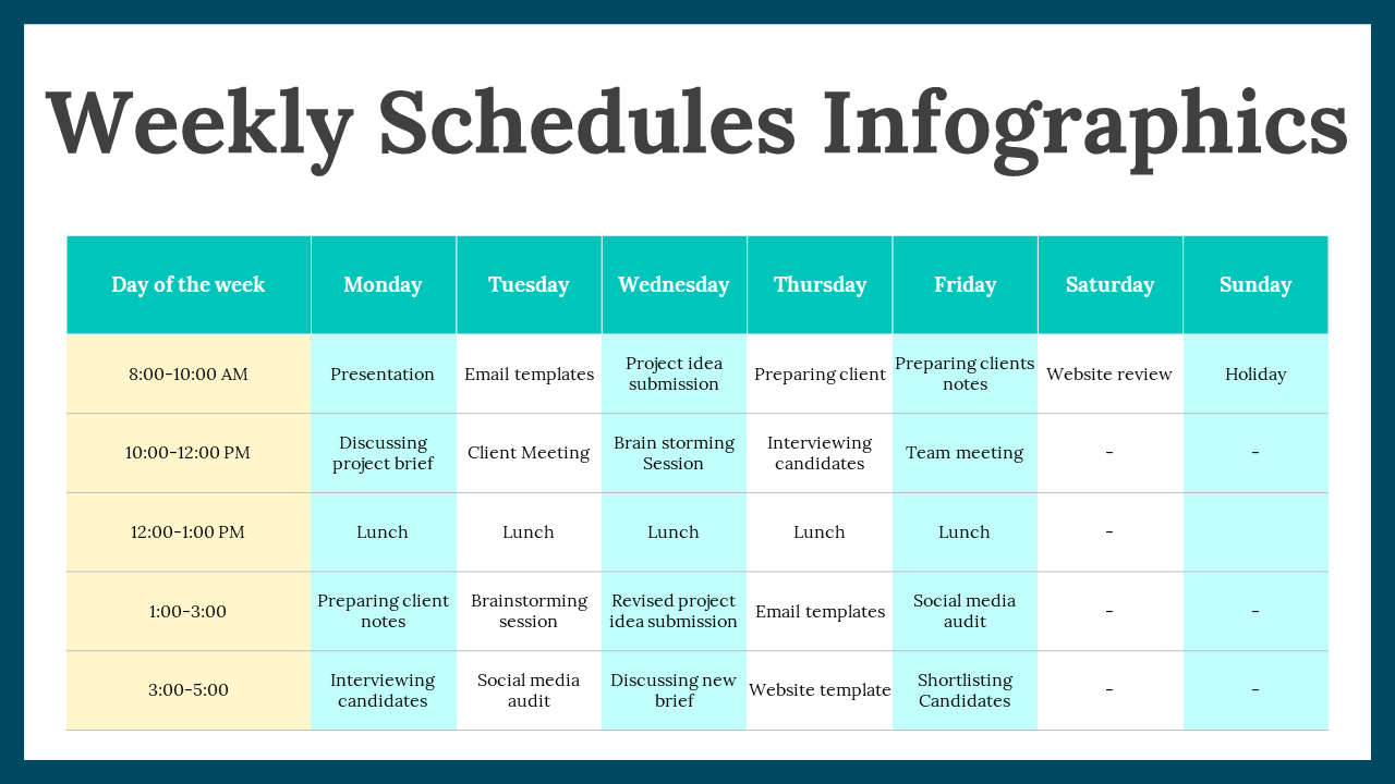 Weekly schedules infographic slides showcasing color coded time blocks for each day of the week with task lists.