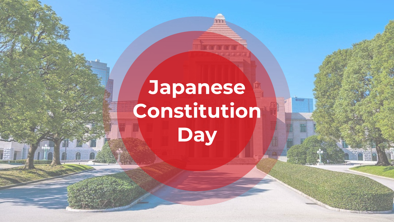 Japanese constitution day slide deck featuring red and white accents, and covering history, significance, and traditions.