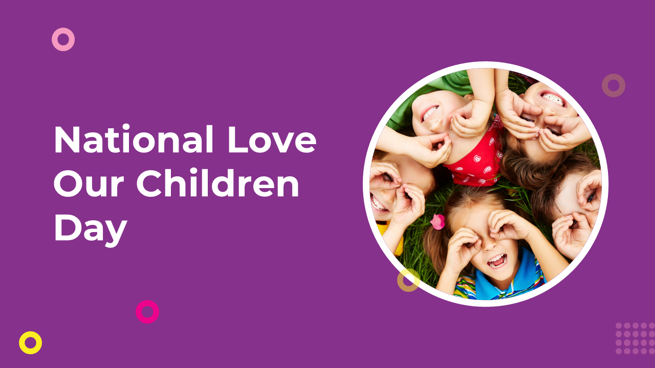 National Love Our Children Day presentation featuring slides on history, celebration ideas, and activities on a purple theme.