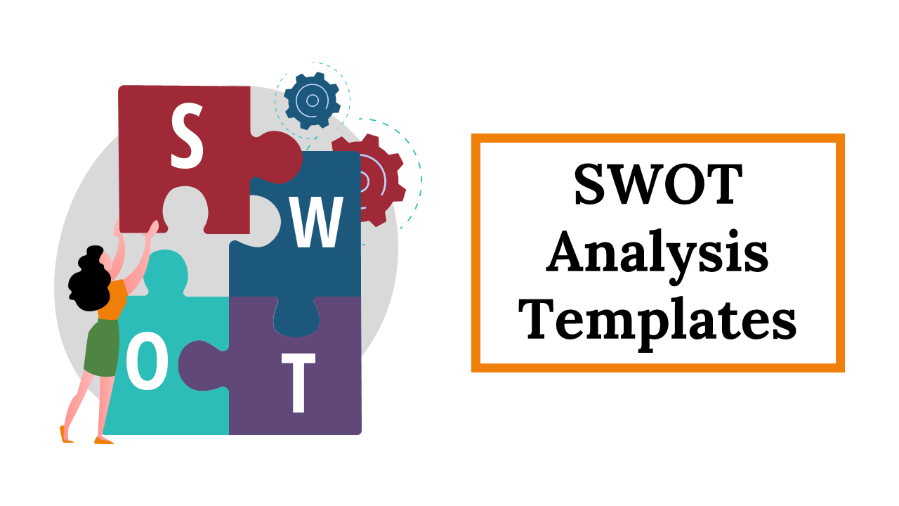 Collection of colorful SWOT analysis templates with creative shapes, featuring hexagons, arrows, circles, and squares.
