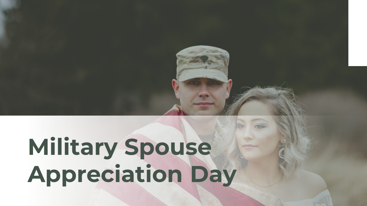 Slide deck featuring military spouses, appreciation themes, and support-focused content in a modern design.