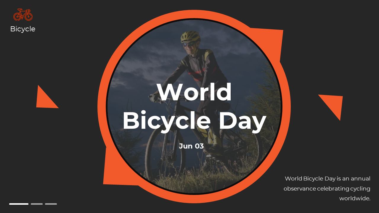 Modern world bicycle day slide deck emphasizing global celebrations, cycling innovation, and community events.