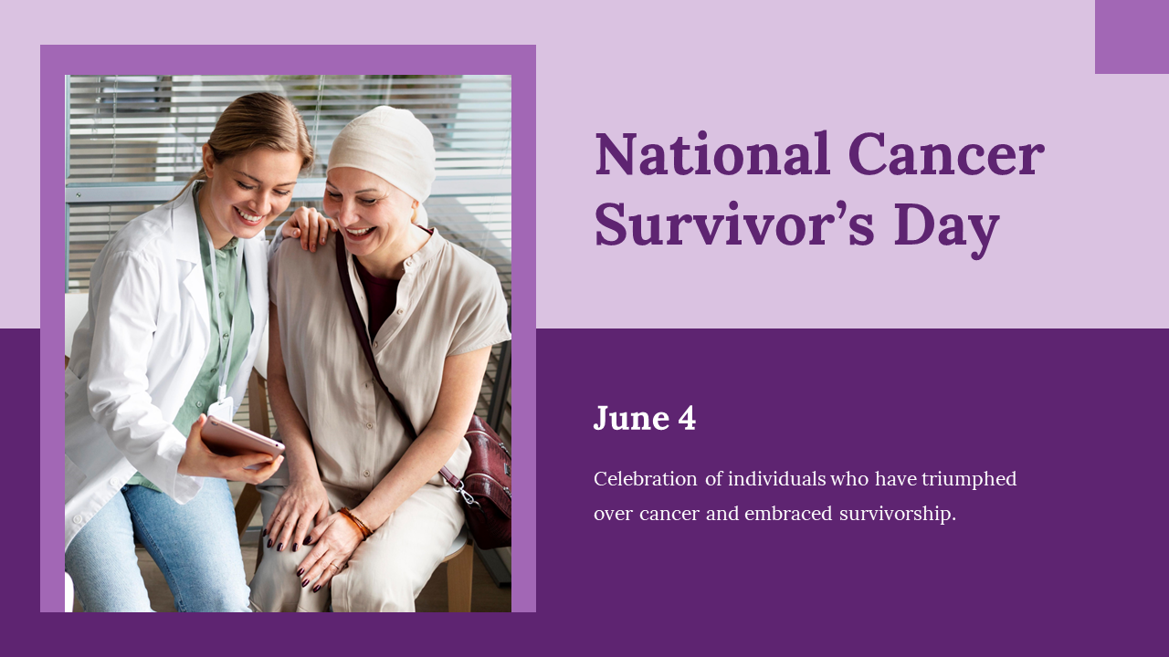 Slide deck for cancer survivor's day featuring sections on emotional well-being, care planning, and advocacy.