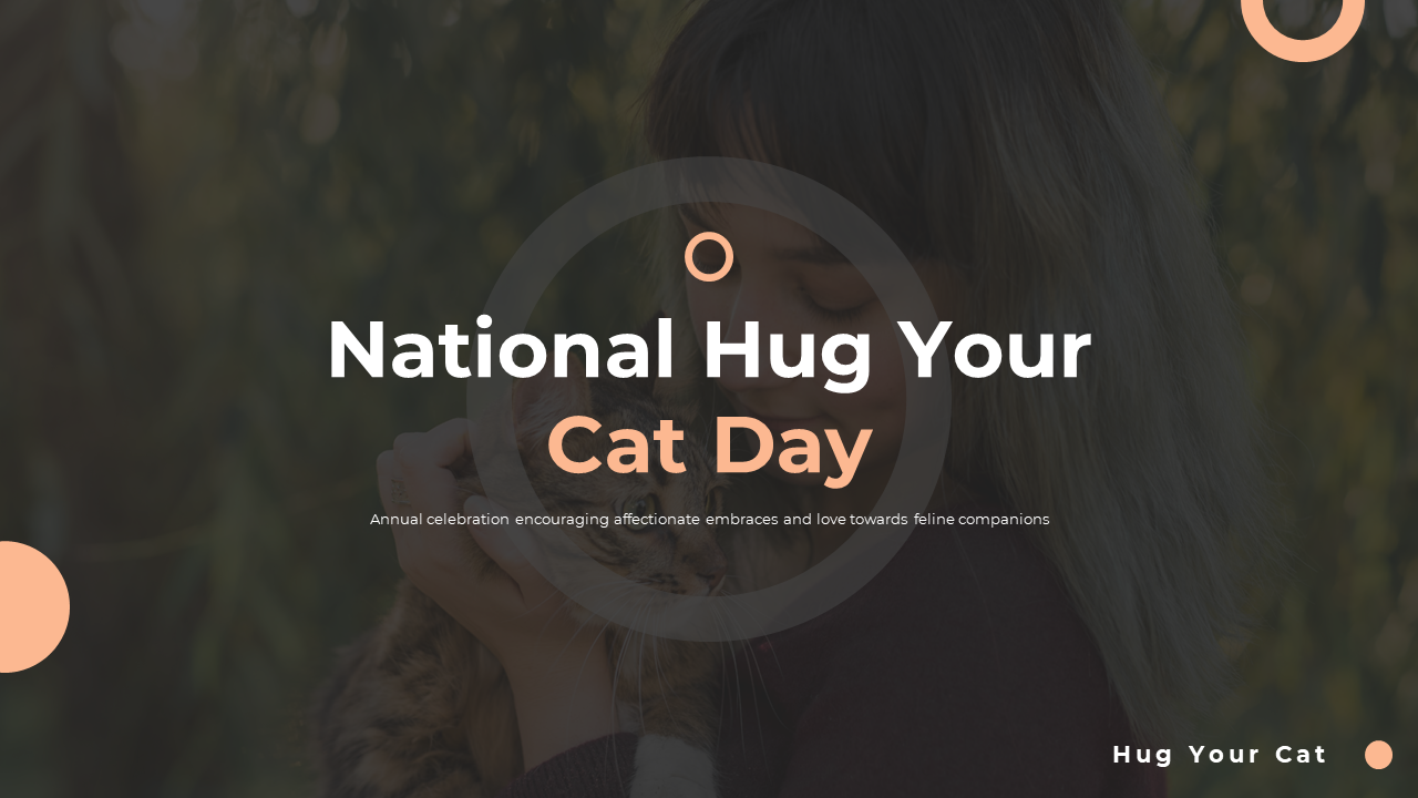 Educational slide deck for National Hug Your Cat Day, including details on cat breeds, personalities, and wellness.