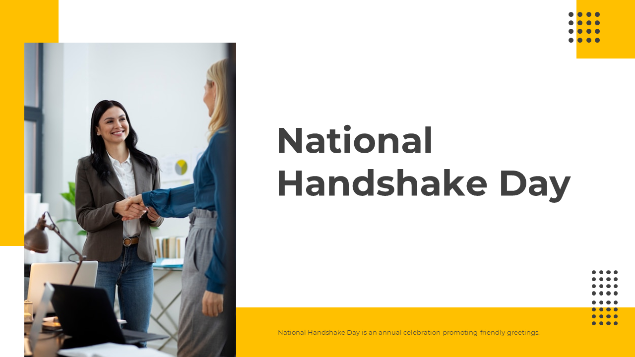 National handshake day, featuring sections on history, etiquette, and cultural variations, with yellow accents.