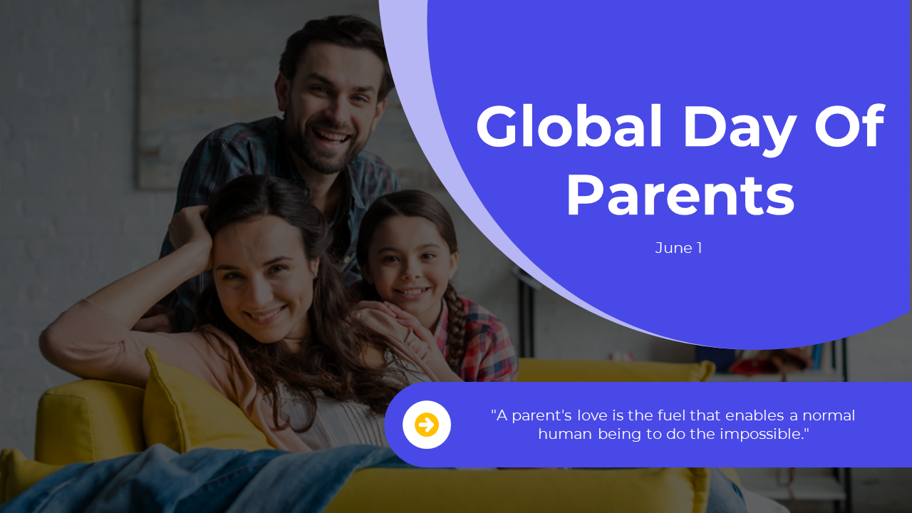 A colorful PowerPoint celebrating Global Day of Parents with images of families, quotes, and detailed slides on traditions.